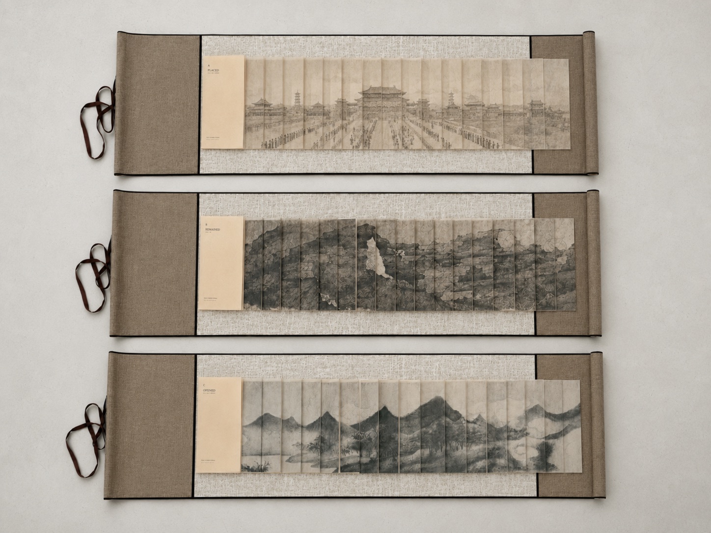 A visualisation of the three states Placed, Remained and Opened arranged as horizontal dragon-scale books.