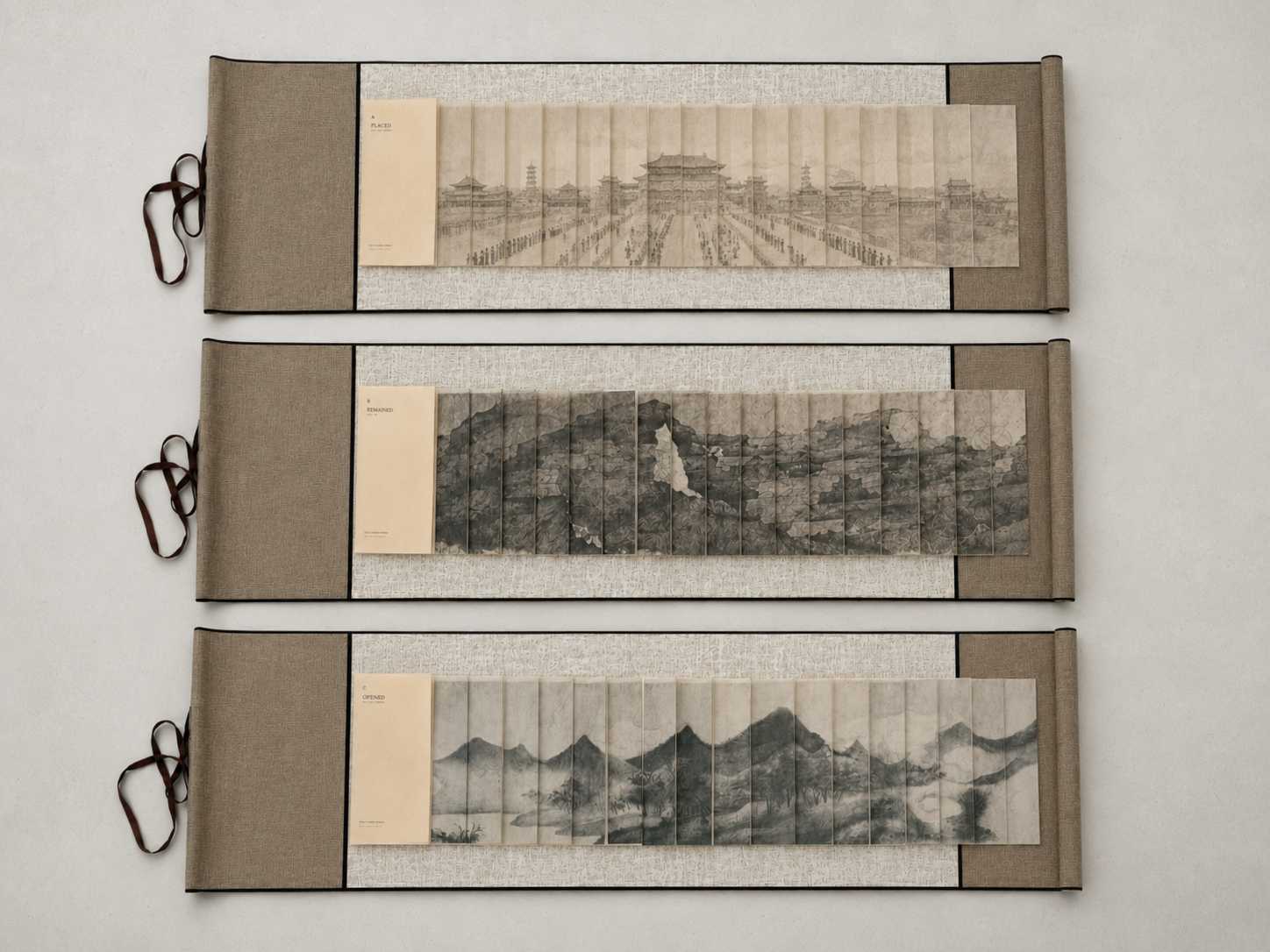 Three dragon-scale binding books shown fully opened in sequence.