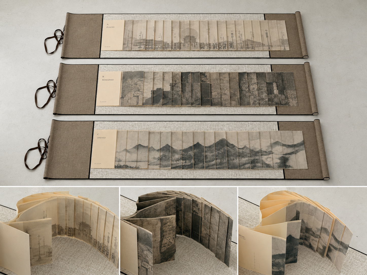 Overall and detail views of the three dragon-scale binding books.