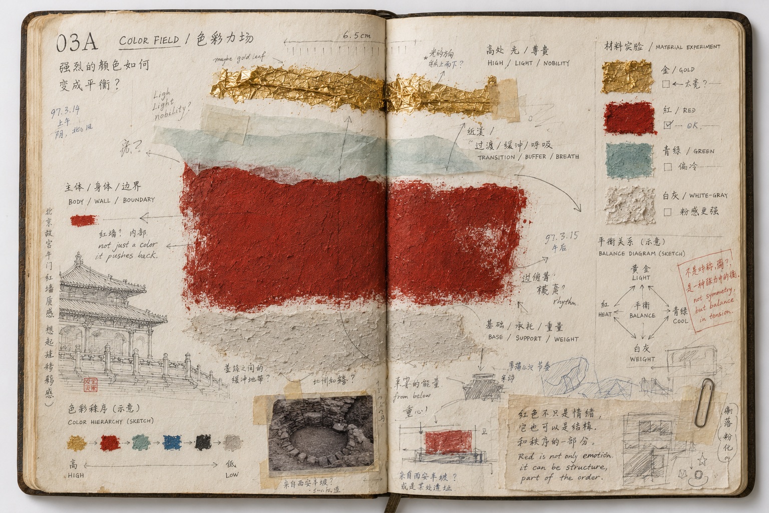 Open sketchbook containing colour, paper and material tests.
