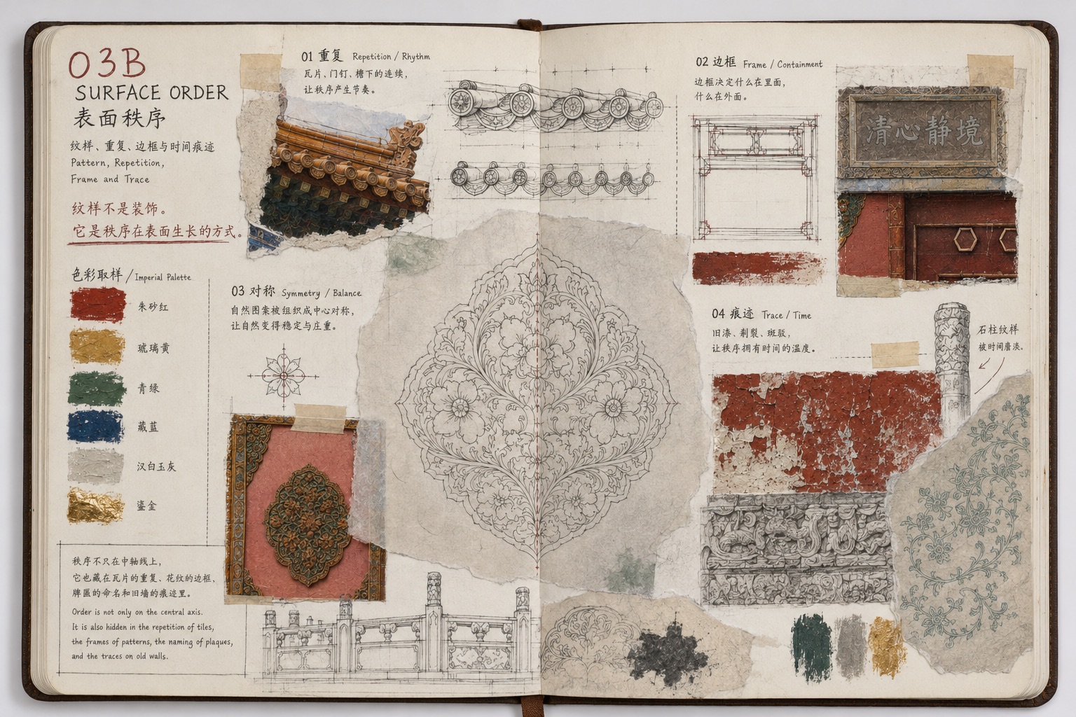 Open sketchbook combining architectural photographs, pattern drawings and studies of surface order.