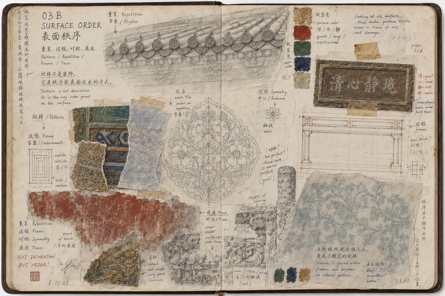 Open sketchbook with observational drawings and fragments from architectural surfaces.