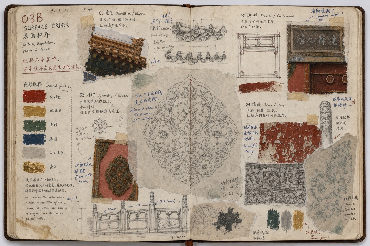 Annotated sketchbook studying repetition, symmetry, frames and traces.