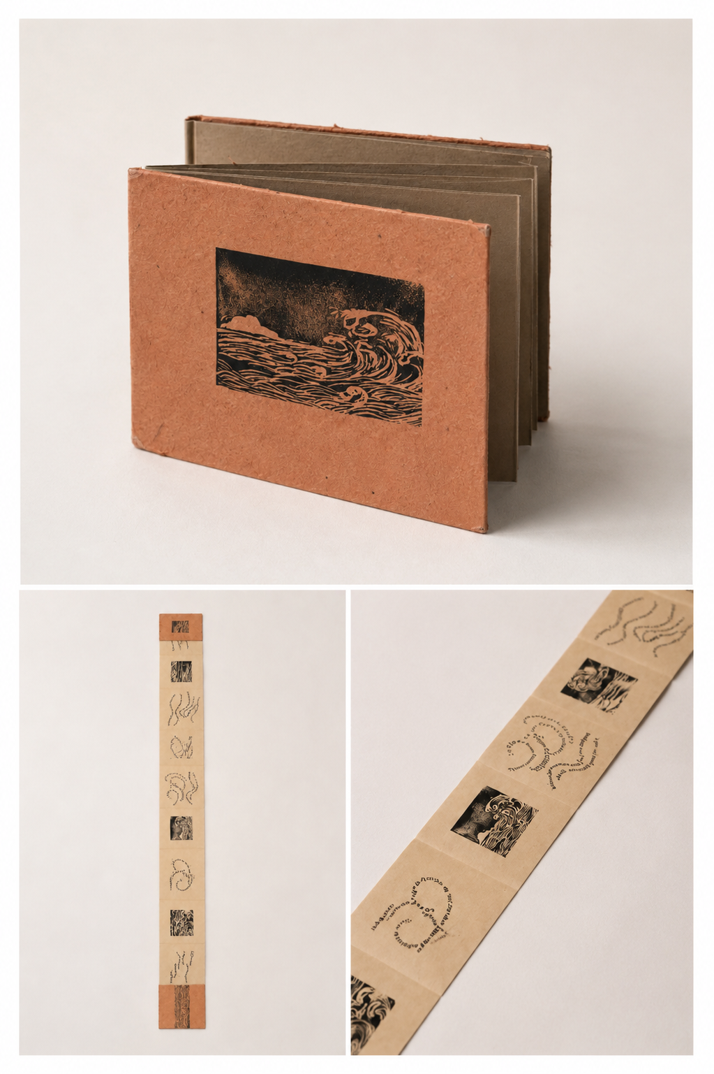 Folded poem artist book study shown with cover, unfolded strip, and detail views.