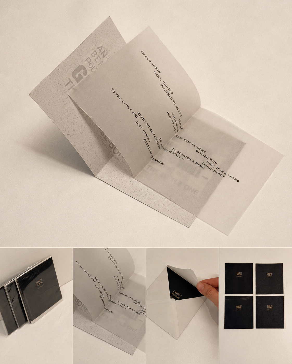Object Poems card object with translucent paper layers, cover views, and envelope detail.