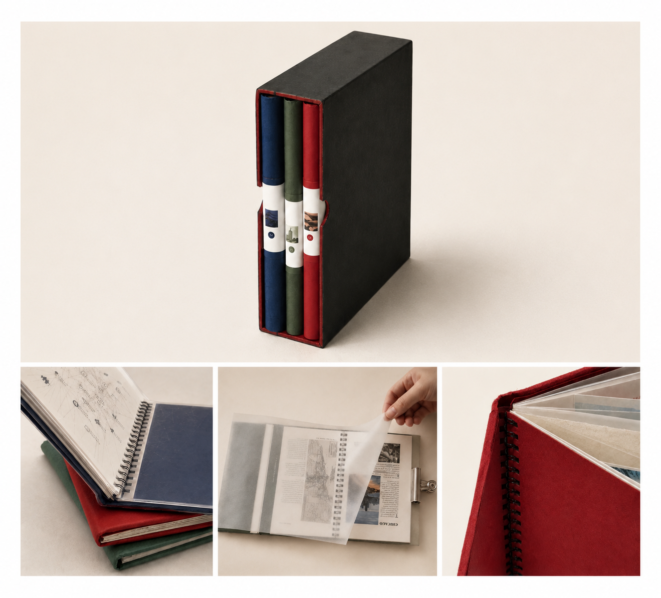 Travel Journal Series archive plate showing three handmade journals, page details, and translucent layered materials.
