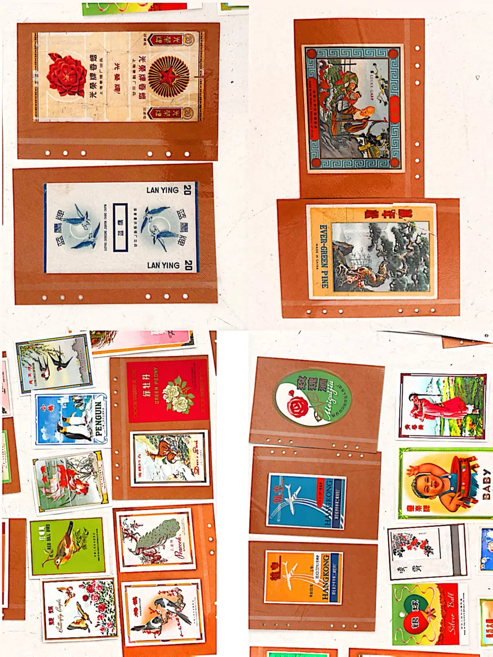 Matchbox prints, cigarette labels and other everyday printed images arranged on archival sheets.
