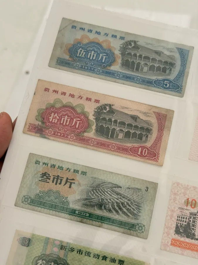 Food and ration tickets held together in a transparent archival sleeve.