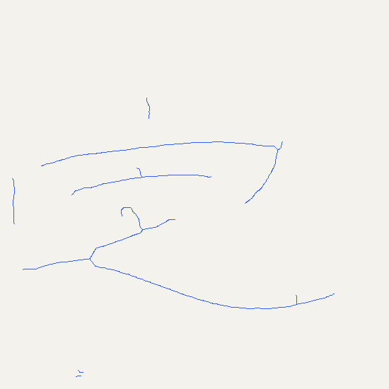 Blue centrelines produced by skeletonising the detected brush marks.