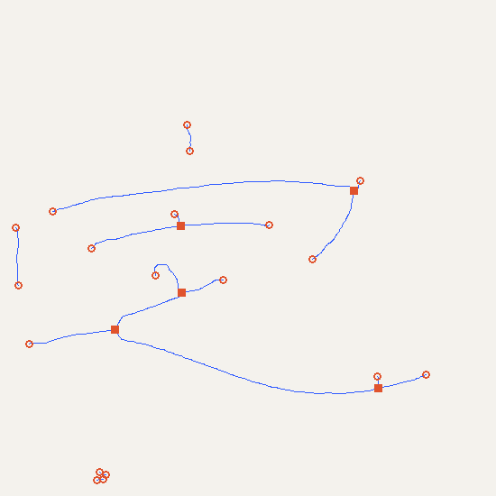 Skeleton feature map with orange circles marking endpoint clusters and squares marking junction clusters.