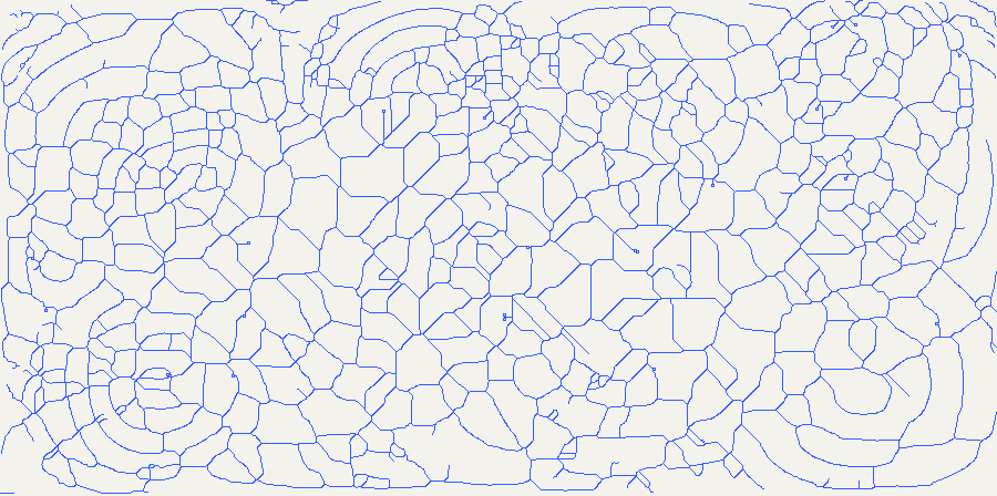 Dense blue centrelines produced by skeletonising the overlapping spirals.