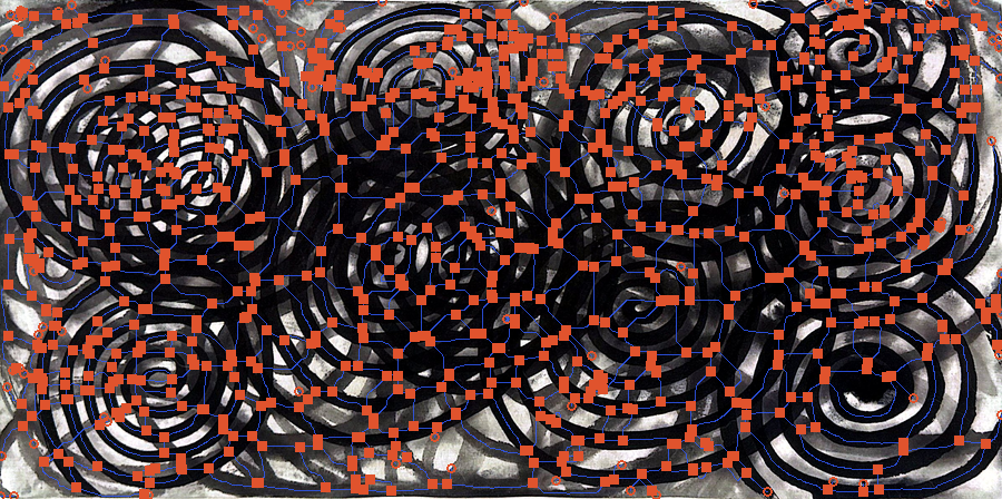 Spiral exercise overlaid with a dense blue computational skeleton and orange endpoint and junction clusters.